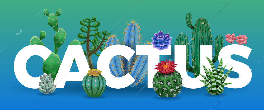 Cactus letters composition with editable text surrounded by images of decorative home plants on gradient background vector illustration