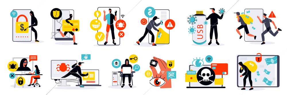 Colorful flat design cybersecurity icons set with criminals hacking into gadgets isolated vector illustration