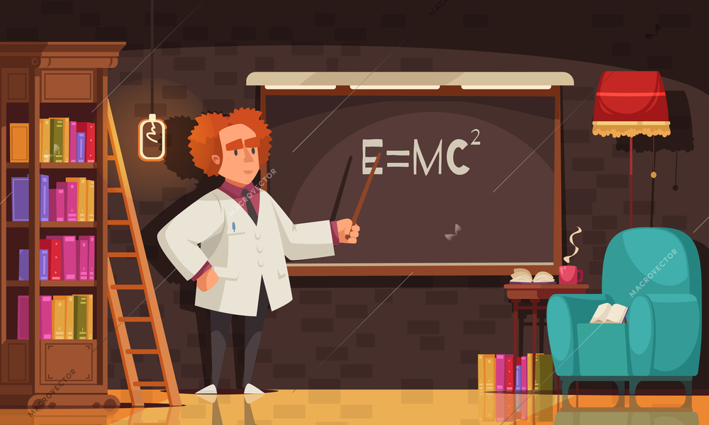 Famous scientist composition with view of man in vintage room with bookcase chair and blackboard vector illustration