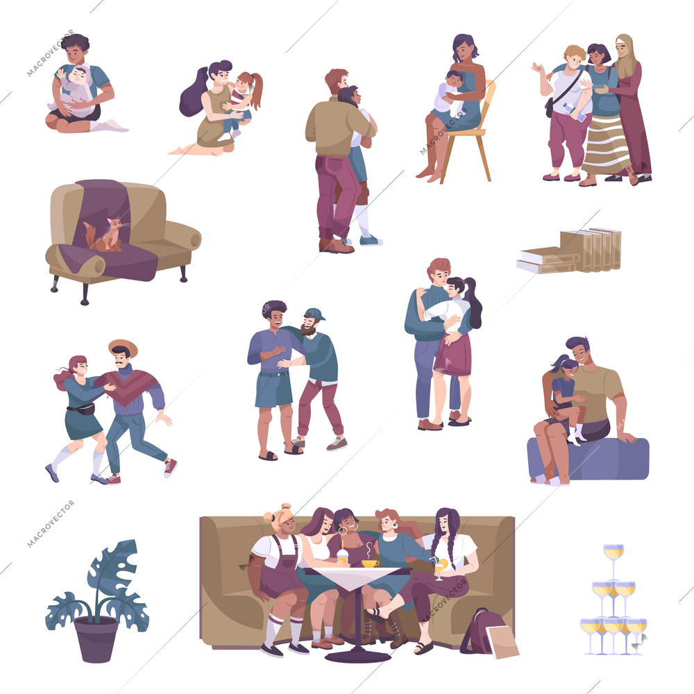 Hug colored isolated and flat icon set with couples groups and family vector illustration