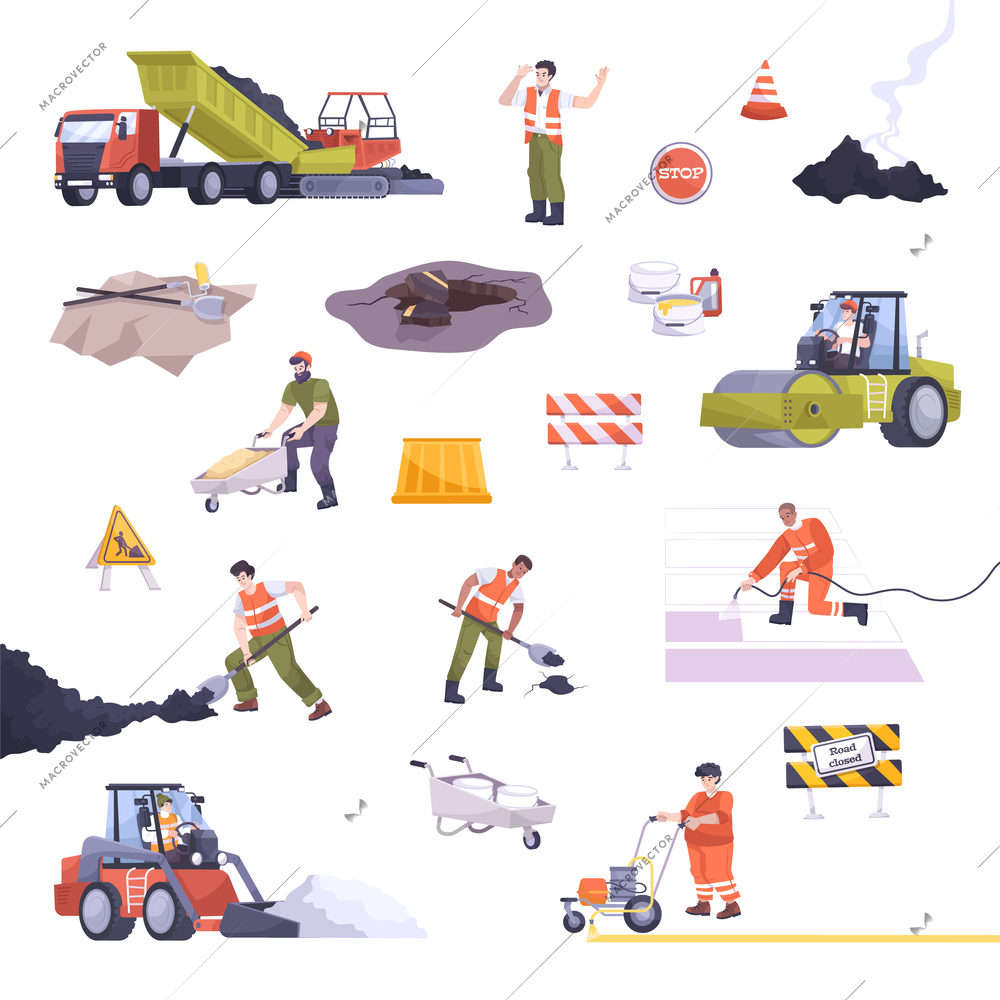 Road repair set flat isolated composition with tools equipment elements and workers vector illustration