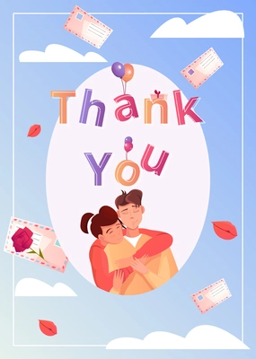 Thank you flat greeting card with colorful letters and embracing young male and female characters vector illustration