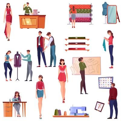 Tailoring flat icons set  of people involved in modeling modern clothes handiwork and fashion show isolated vector illustration