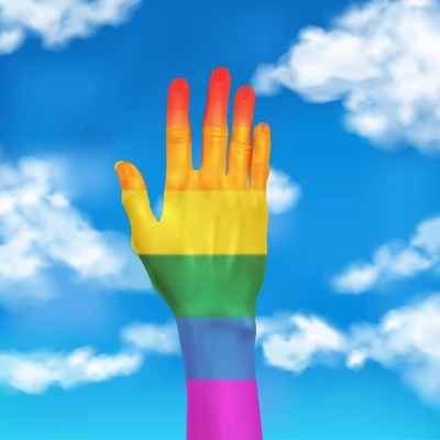 Zero discrimination day composition with realistic image of rainbow colored human hand on clear sky background vector illustration