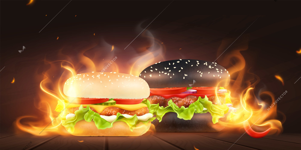 Burger constructor realistic composition with burning flame cheeseburger and hamburger made with white and black buns vector illustration