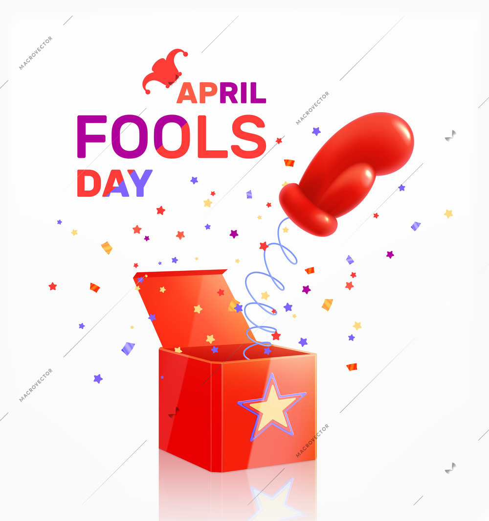 Fools day april realistic composition with boxing glove jumping out of box with confetti and text vector illustration