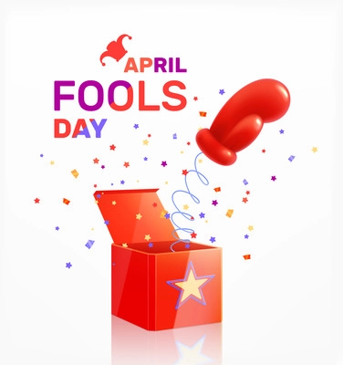 Fools day april realistic composition with boxing glove jumping out of box with confetti and text vector illustration