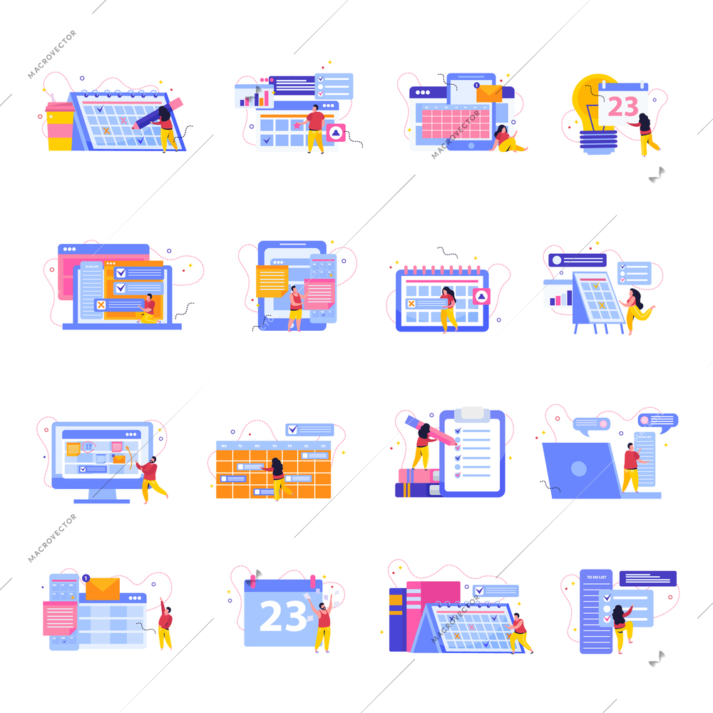 Planning and scheduling flat icons collection with people making changes in lists calendars and computer apps vector illustration