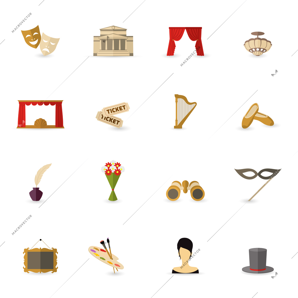 Theatre acting performance icons set flat isolated vector illustration