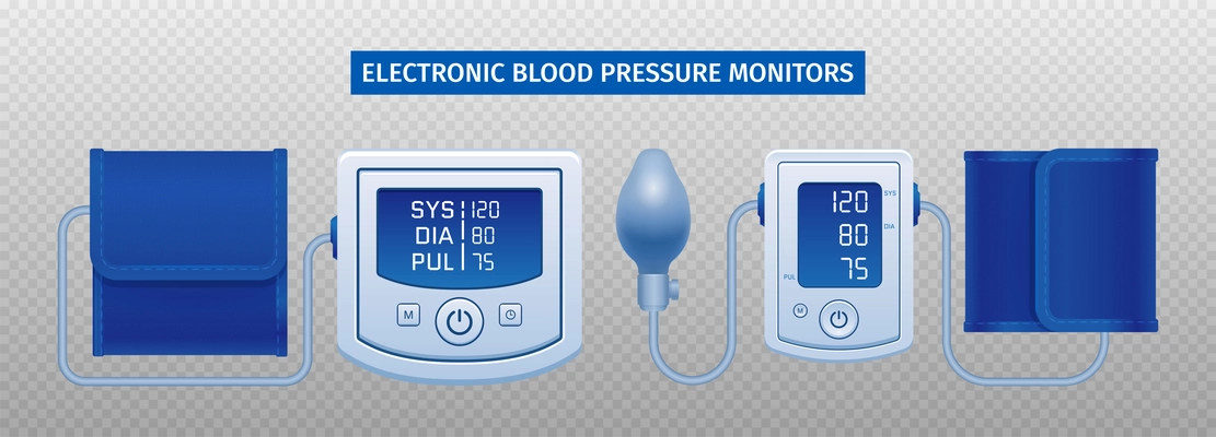 Two electronic digital tonometers arterial blood pressure monitors measuring results display  realistic set transparent background vector illustration