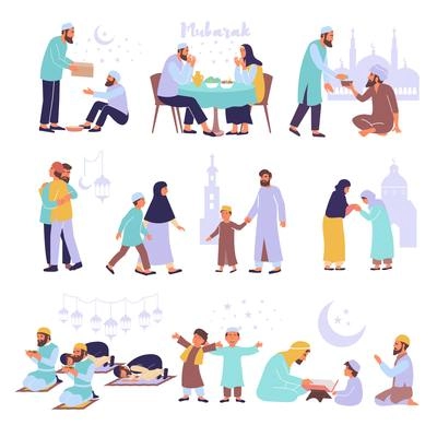 Ramadan set with flat icons muslim symbols and isolated images of praying people with temple silhouettes vector illustration