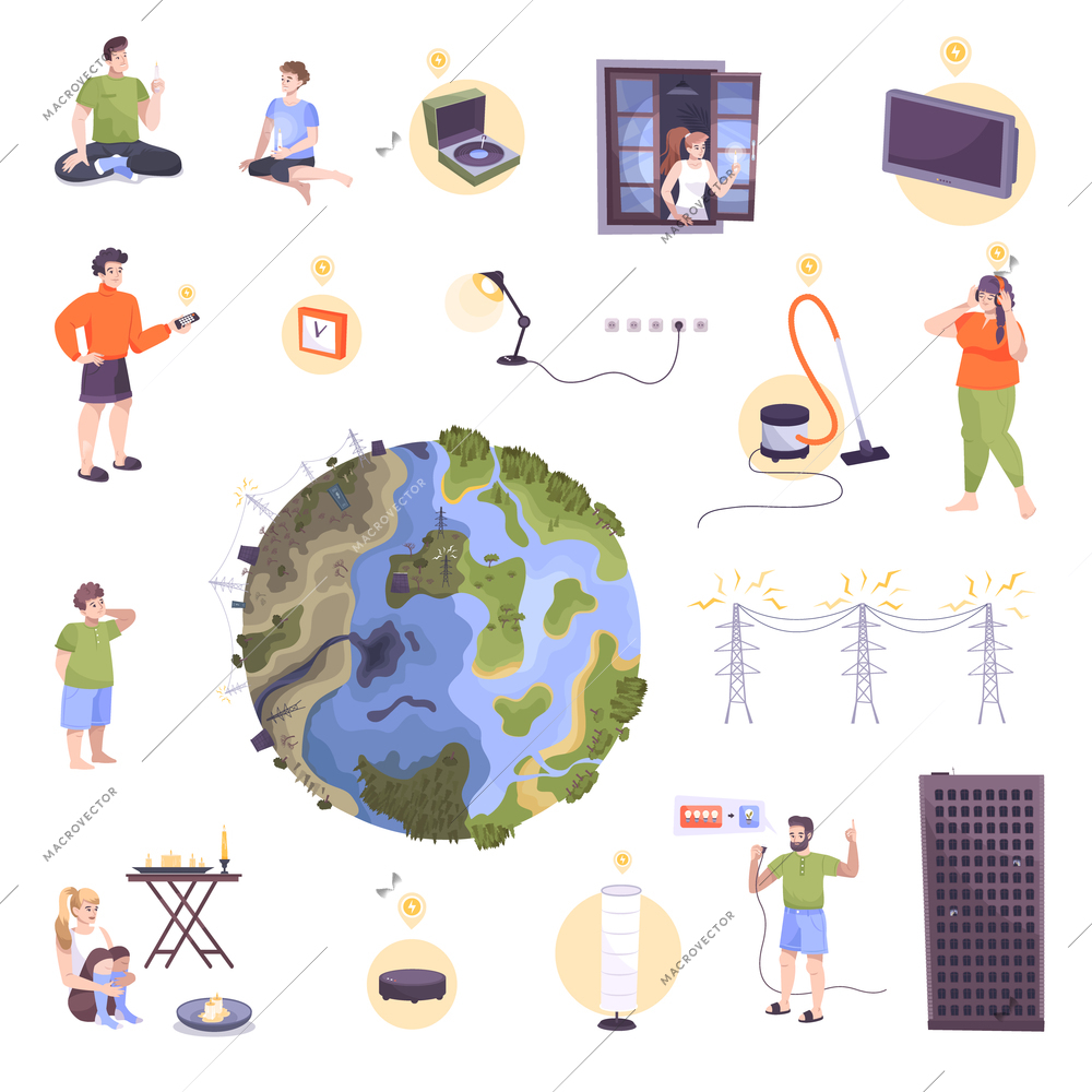 Flat isolated electricity icon set different things equipment and devices describing ecology and the earth reducing energy consumption vector illustration