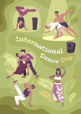 International dance day card vertical composition with flat human characters of dancers in motion with loudspeakers vector illustration