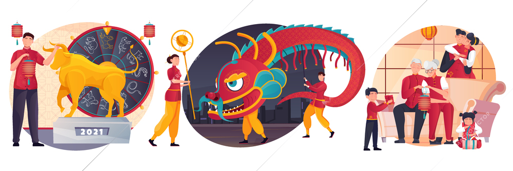 Chinese new year composition flat set with statue of bull dragon dance happy family isolated vector illustration