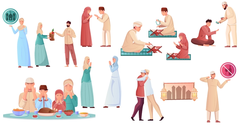 Muslim people in different situations during ramadan flat icons set isolated vector illustration