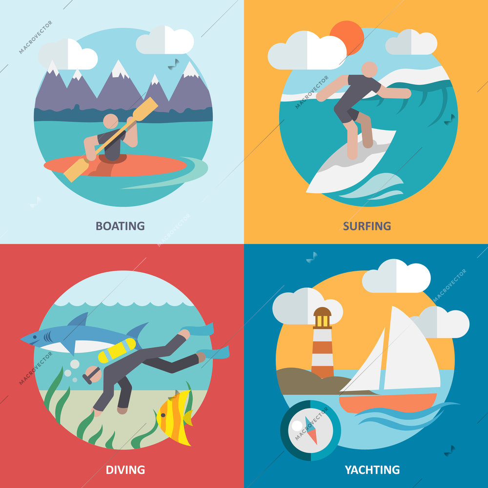 Water sports boating surfing diving yachting flat icons set isolated vector illustration