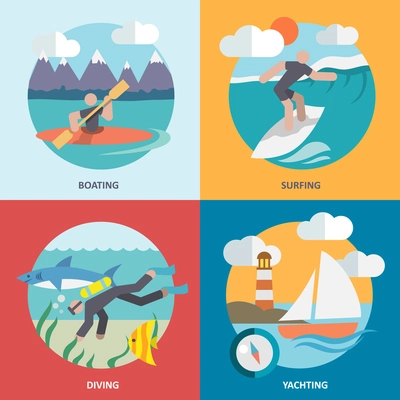 Water sports boating surfing diving yachting flat icons set isolated vector illustration