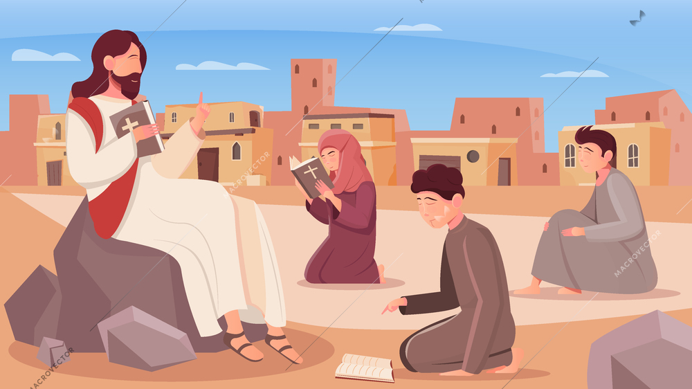 Jesus christ and children reading holy bible flat vector illustration