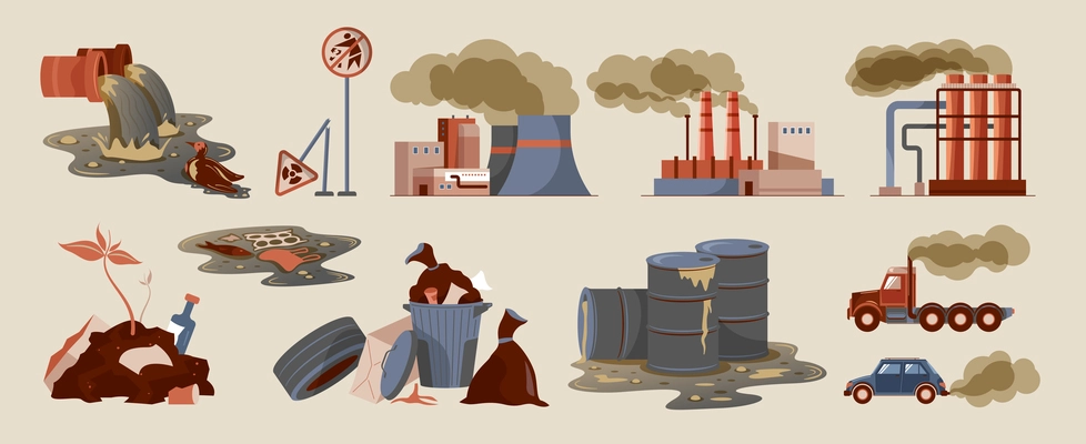 Flat icons set with cars industrial buildings toxic waste litter garbage causing air pollution isolated vector illustration