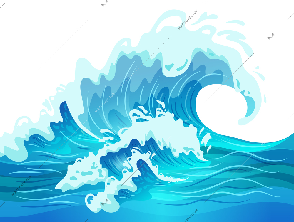 Big blue ocean wave flat vector illustration