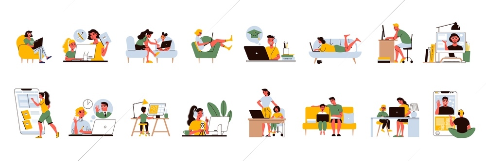 Distance learning set of isolated icons with people home working places and electronic gadgets with tutors vector illustration