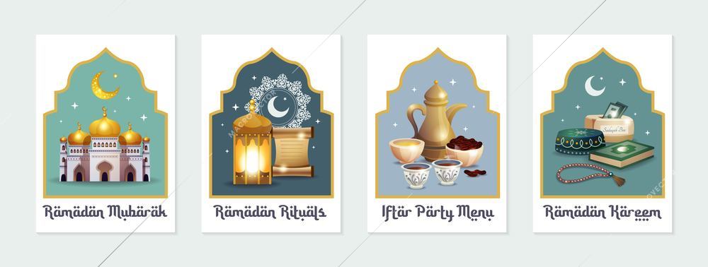 ramadan posters set of four isolated colored illustrations with islamic calligraphy crescent  koran and arabic lamp elements vector illustration