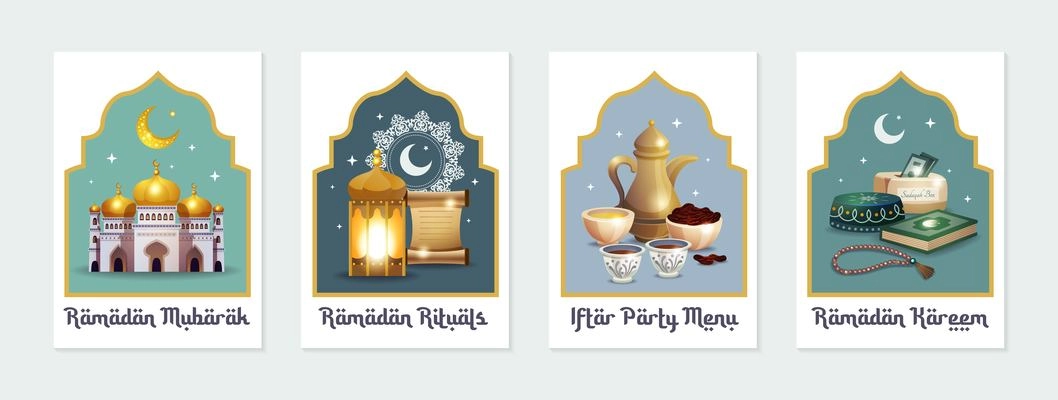 ramadan posters set of four isolated colored illustrations with islamic calligraphy crescent  koran and arabic lamp elements vector illustration