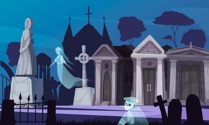 Night gothic cemetery landscape with ghosts old crypts and monument cartoon vector illustration