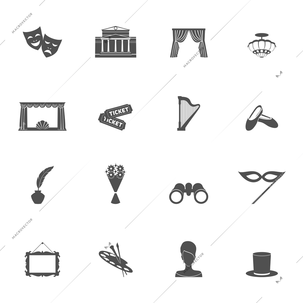 Theatre acting entertainment performance icons set black isolated vector illustration