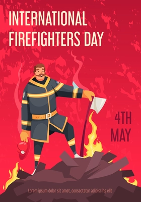 Cartoon international firefighters day card with smiling fireman in uniform holding helmet and axe vector illustration