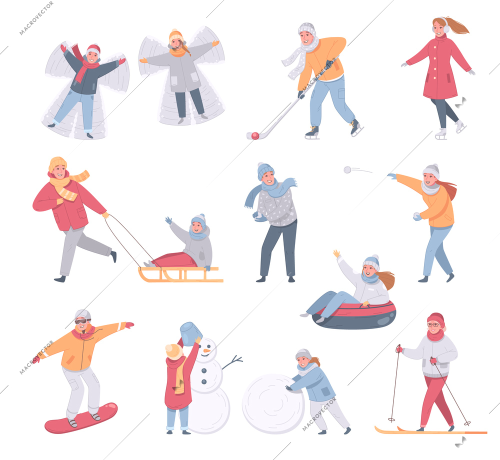 Set of isolated winter sports leisure activity cartoon icons with human characters of adult people children vector illustration