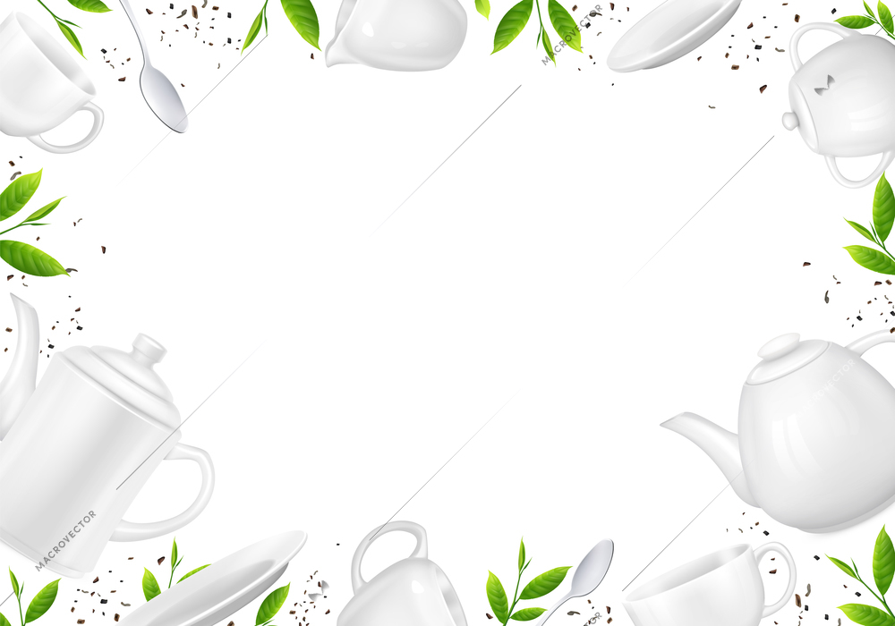 Tea realistic background composition with empty space surrounded by images of loose tea leaves and teapots vector illustration