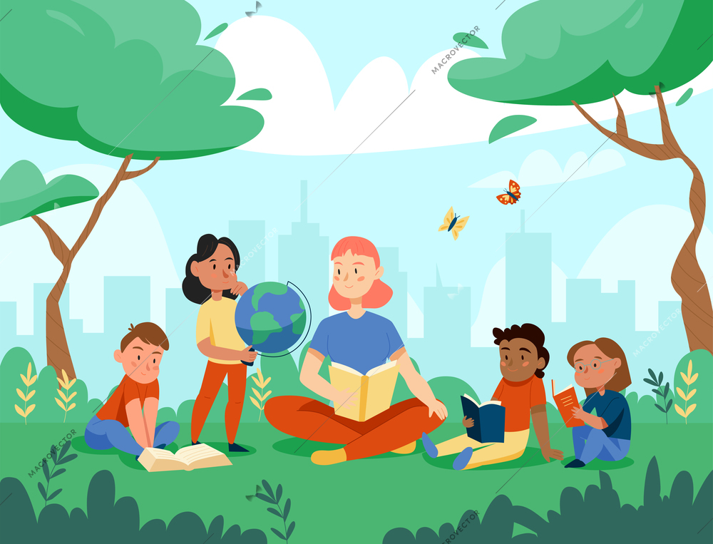 Nature study globe composition with cityscape background and park scenery with kids and teacher teaching geography vector illustration