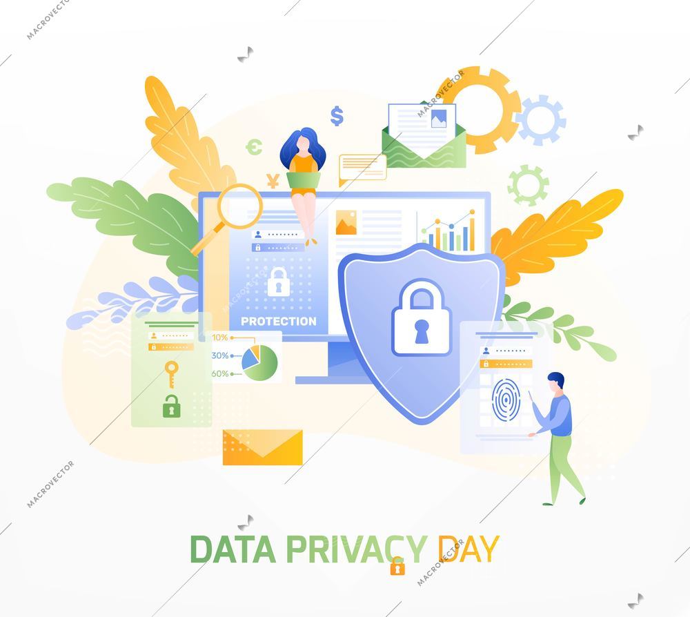 Data privacy day composition of flat images doodle characters of computer users and icons of gear vector illustration