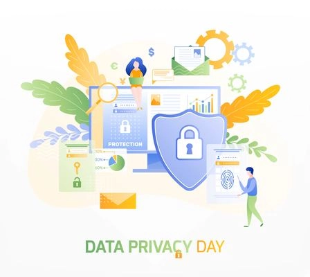 Data privacy day composition of flat images doodle characters of computer users and icons of gear vector illustration