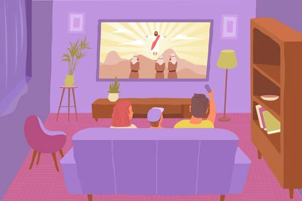 Religion education bible flat composition with indoor living room scenery and family members watching holy stories vector illustration