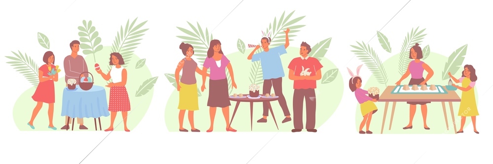 Easter isolated flat color compositions with adult people and kids celebrating spring holiday vector illustration