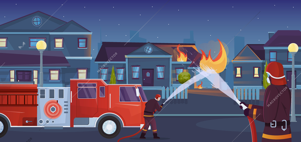 Firefighters city flat composition with town landscape with burning living house and truck with water stream vector illustration