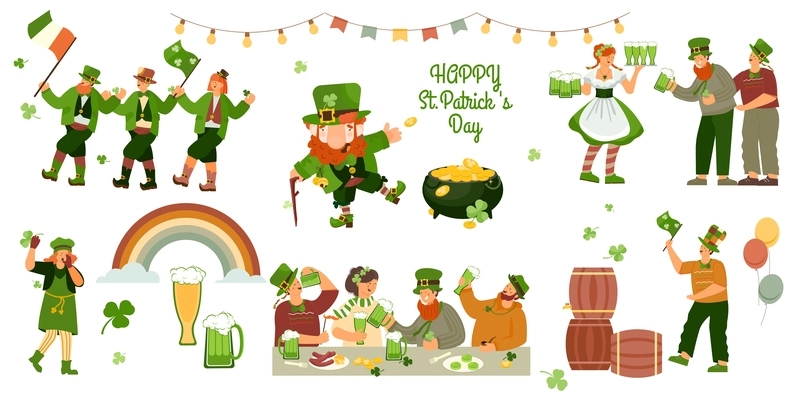 Patrick day set with flat icons of irish holiday symbols and isolated characters of festive people vector illustration