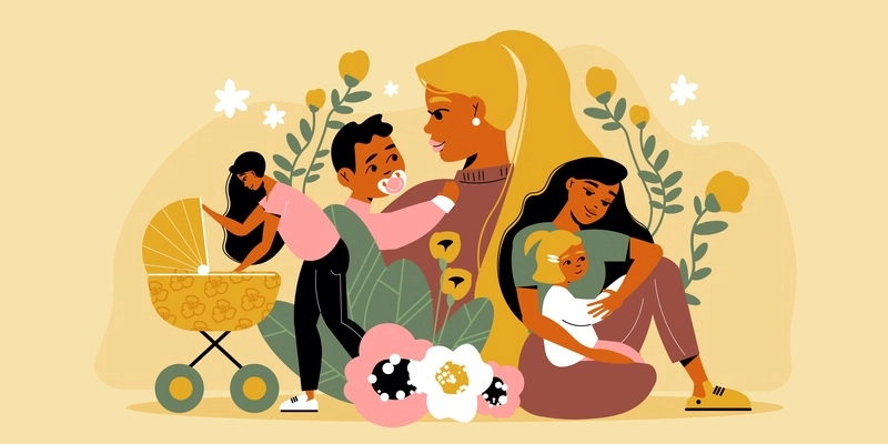 Mothers day composition with flowers and characters of moms holding babies in arms with baby stroller vector illustration