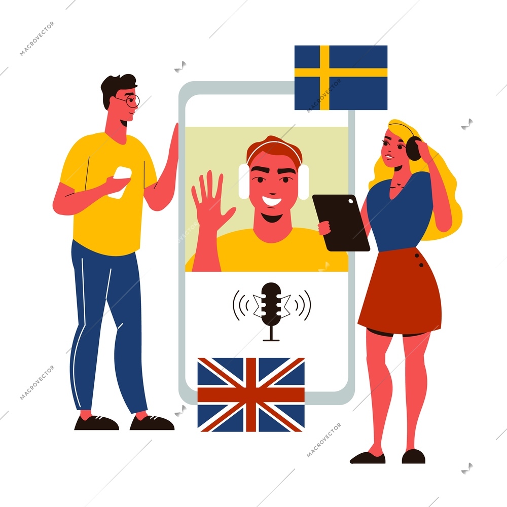 Language course composition with human characters of students with foreign flags and smartphone with remote tutor vector illustration