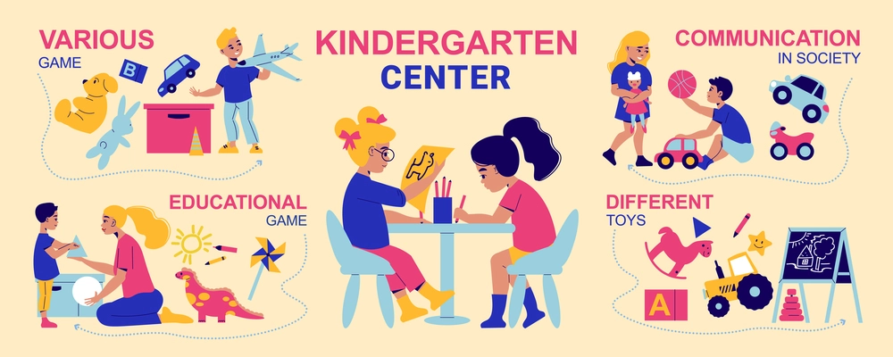 Kindergarten infographics with characters of kids playing with toys drawing talking with nanny with text captions vector illustration