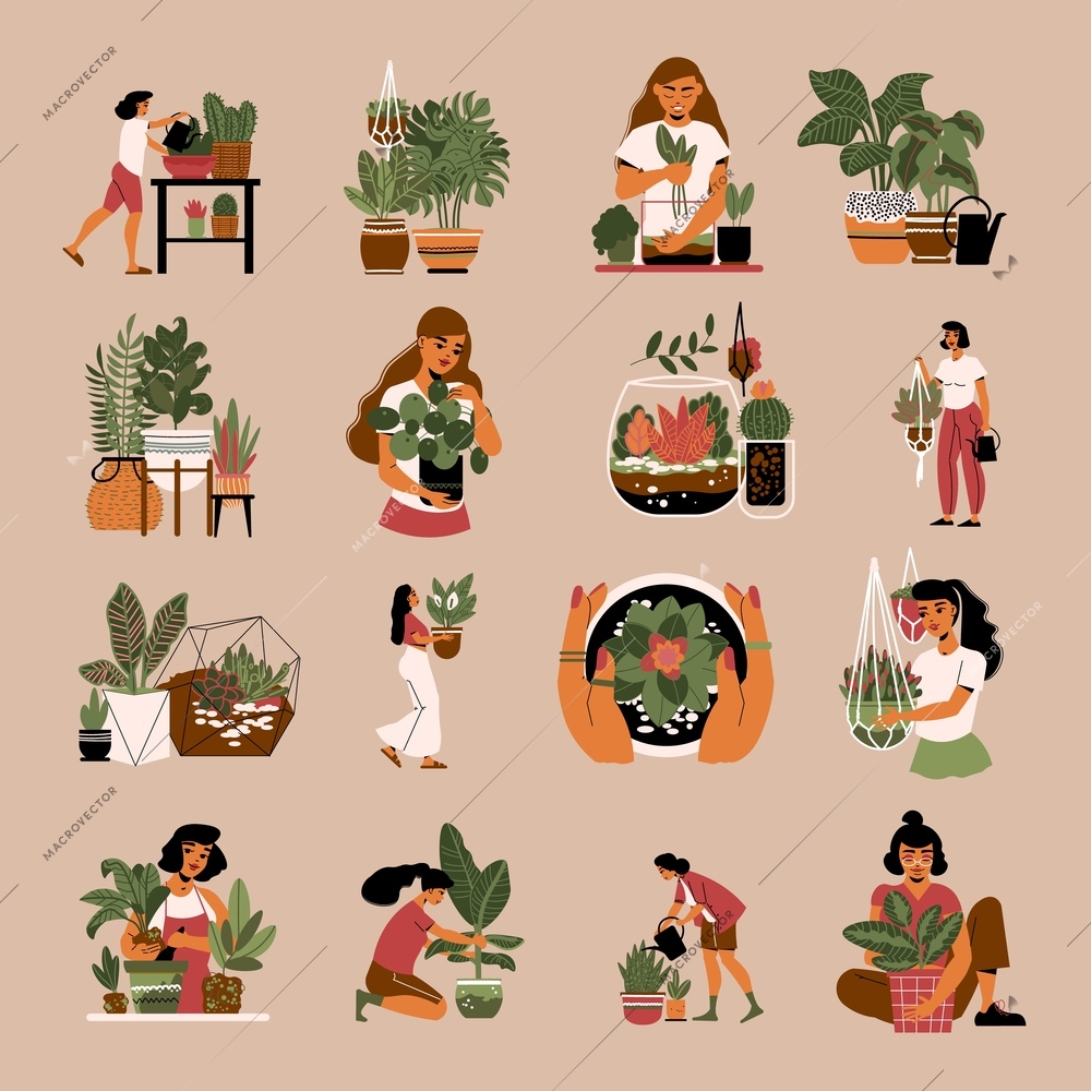 Set of isolated home plants color icons with doodle female gardener characters and flowers in pots vector illustration