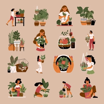 Set of isolated home plants color icons with doodle female gardener characters and flowers in pots vector illustration