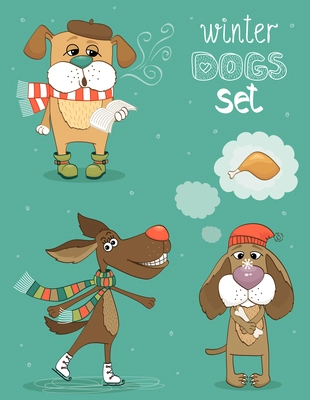 Hipster set of cute winter fashion dogs vector illustration