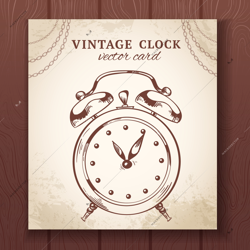 Old vintage retro sketch alarm clock paper card vector illustration