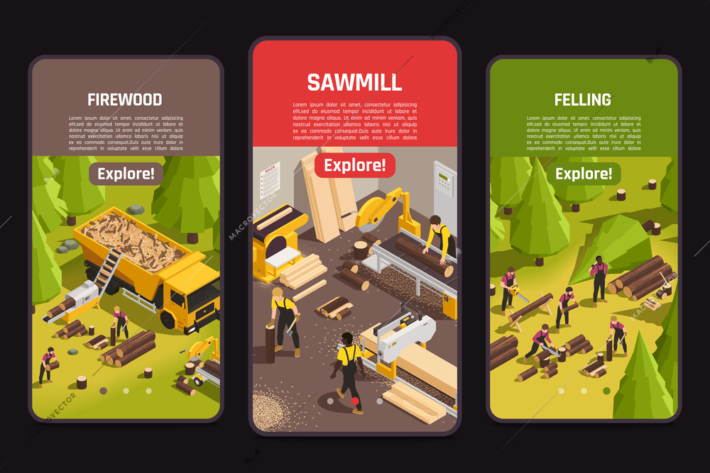 Isometric banners with sawmill process of felling and firewood cutting 3d isolated on black background vector illustration