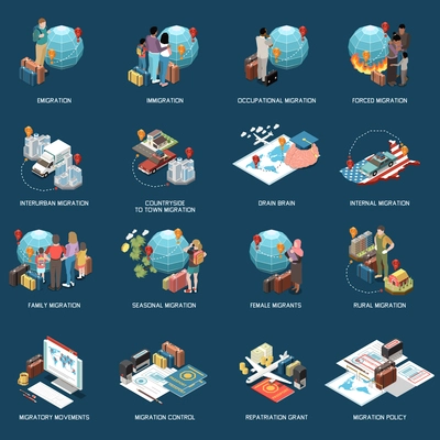 Population mobility migration displacement isometric set with compositions of icons with text captions documents and people vector illustration