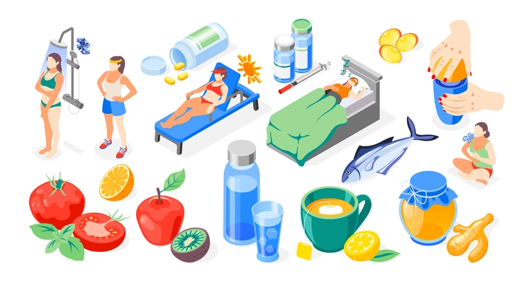 Strengthening immunity isometric recolor icon set with hardening proper nutrition taking vitamins sports and increasing immunity vector illustration