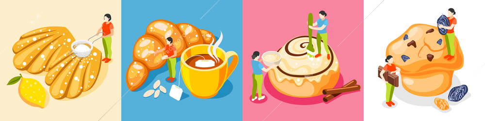 Bakery people isometric square set with pastry and cookies symbols isolated vector illustration